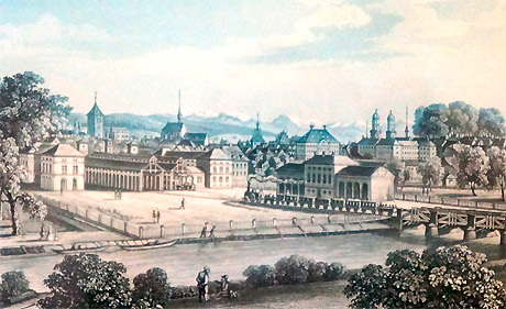 Bahnhof Zürich um 1859. (Stich von Johann-Baptist Isenrin)g