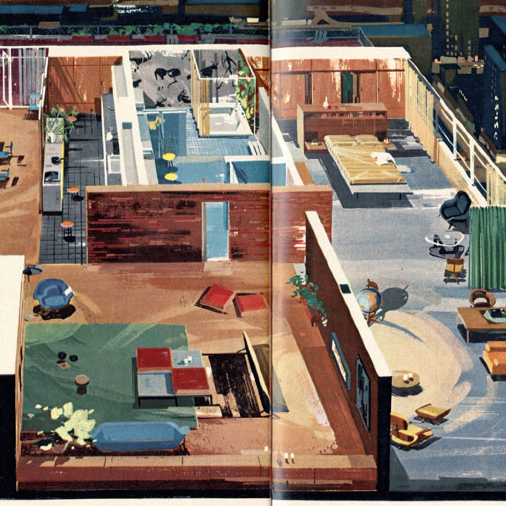 Penthouse Wohnung des Playboys.  Designer: James E. Tucker, Playboy, September 1956.   (Playboy Enterprises International, Inc.) 