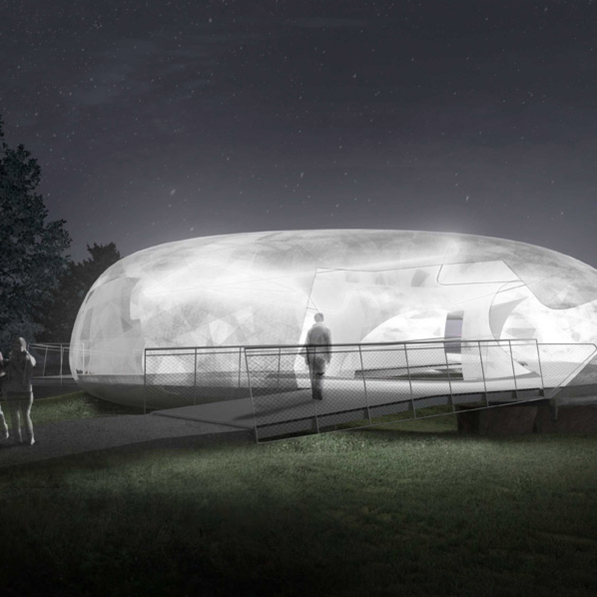 Ausssenansicht des Pavillons bei Nacht, Visualisierung (Smiljan Radic Studio)