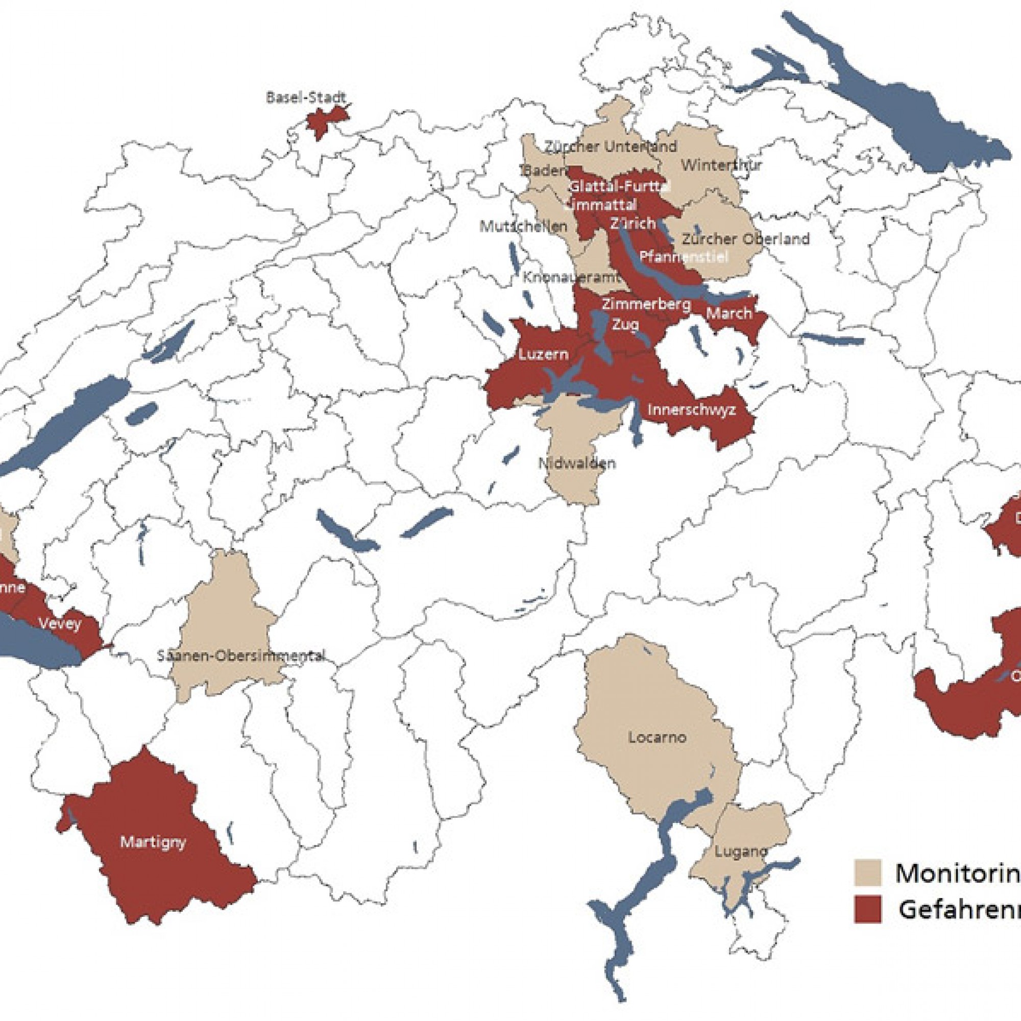 Monitoring Regionen - Regionen, die unter Beobachtung stehen - und Gefahrenregionen im ersten Quartal 2014. (PD)