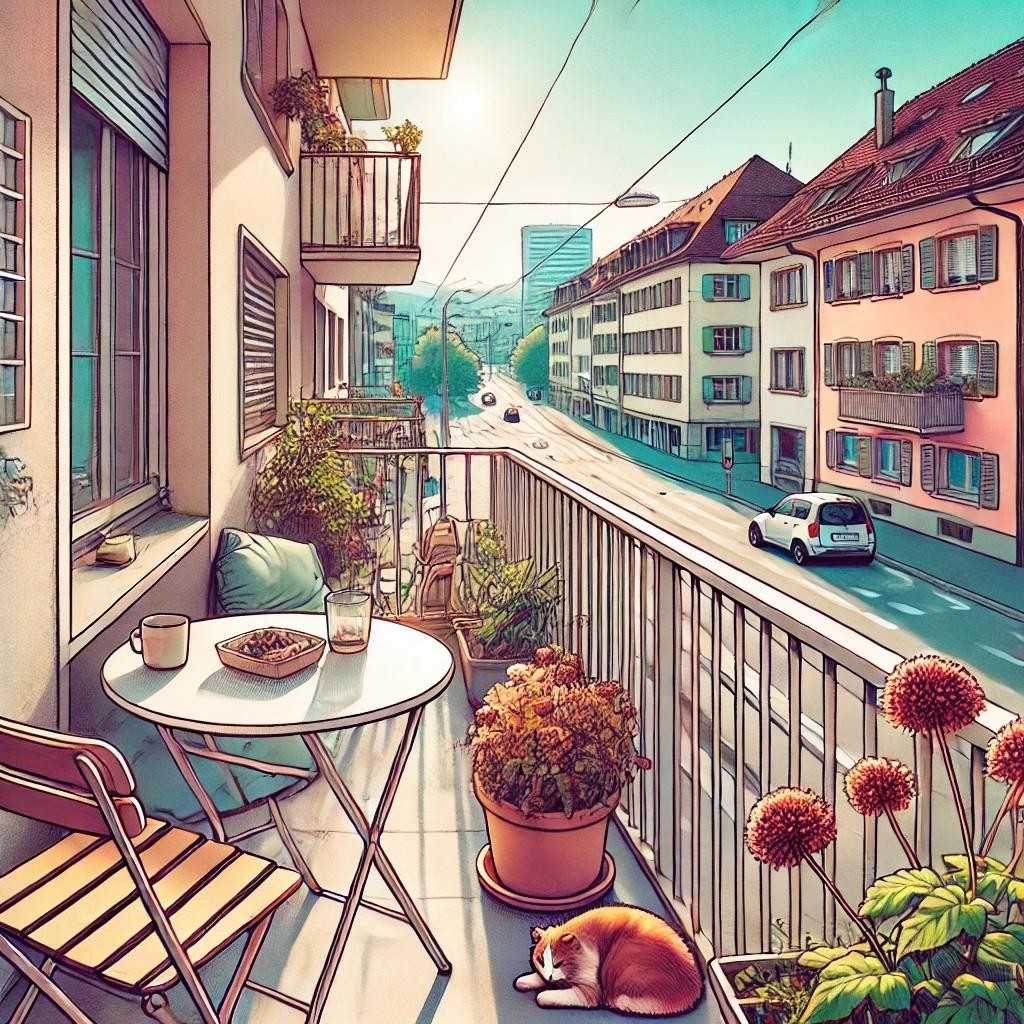 Balkon mit verdorrten Blumen im Sommer (Symbol)