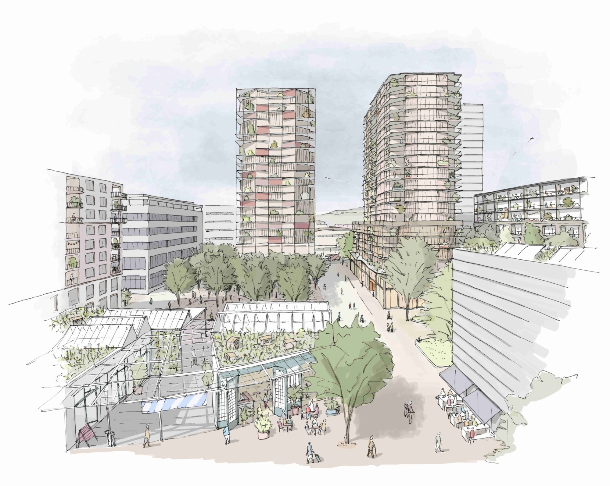 Illustration Theilerplatz Stadt Zug Hochhaus