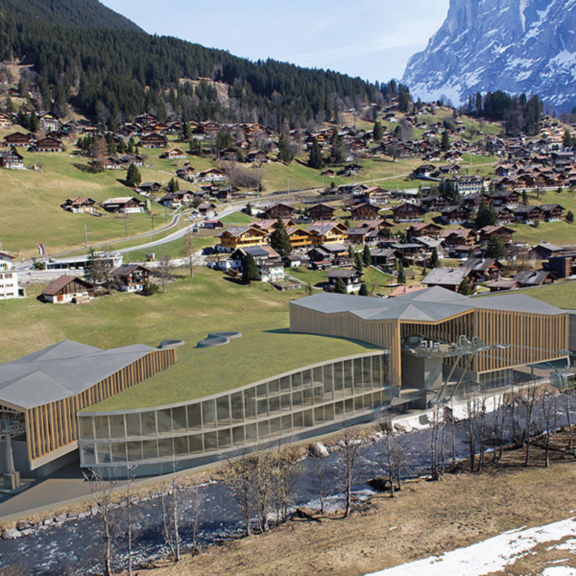 Die gemeinsame Talstation mit Parkhaus (rechts) und Terminal (Visualisierungen zvg)