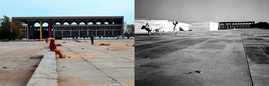 Der Platz vor dem Justizpalast in Chandighar heute und Ende der 1960er-Jahre (gegenüberliegende Seite). (Bilder: Jürg Gasser / Centre Le Corbusier)