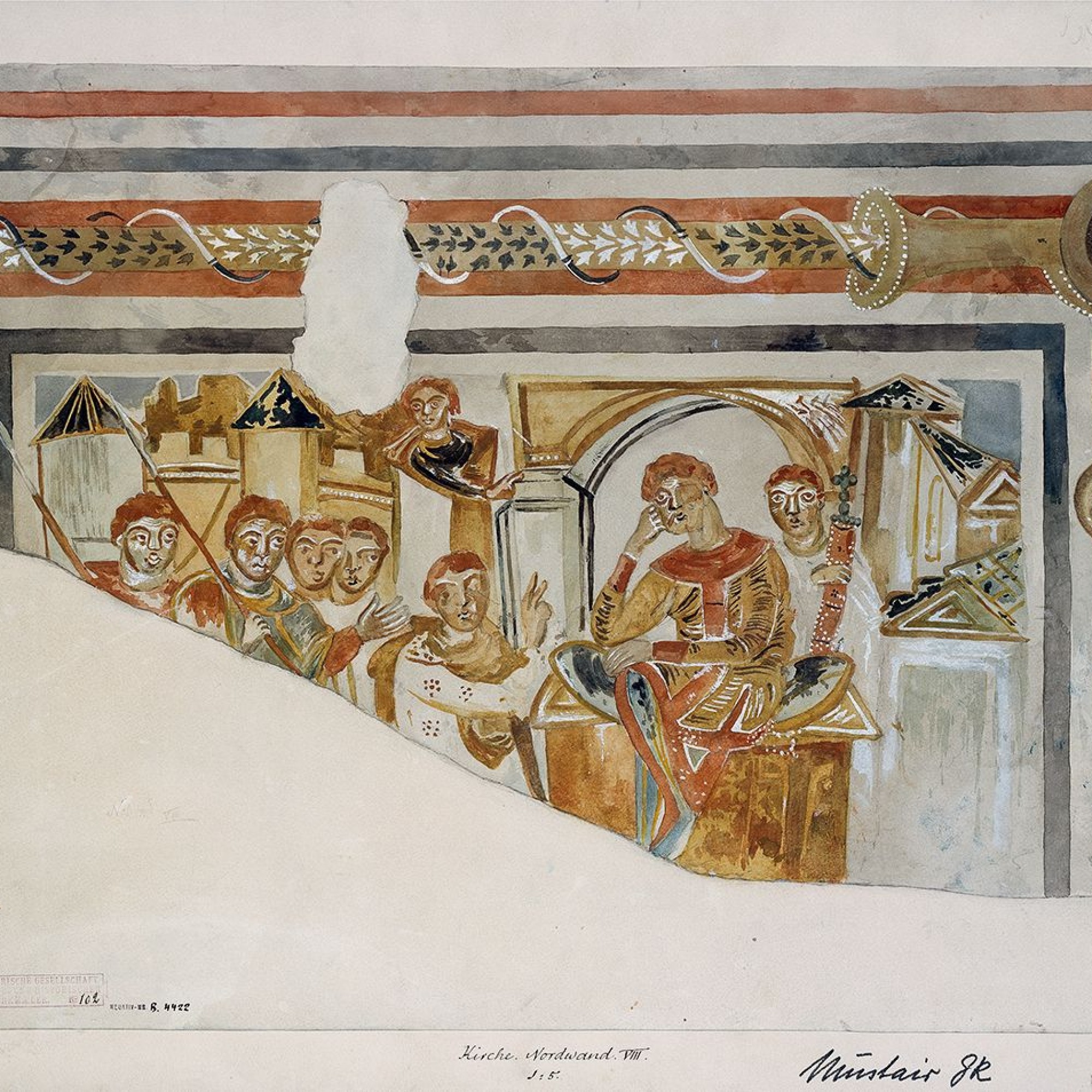 Dachraum der Kirche, Bild Nr. 20: David empfängt die Nachricht vom Tode Absaloms. Aquarell von Robert Durrer.