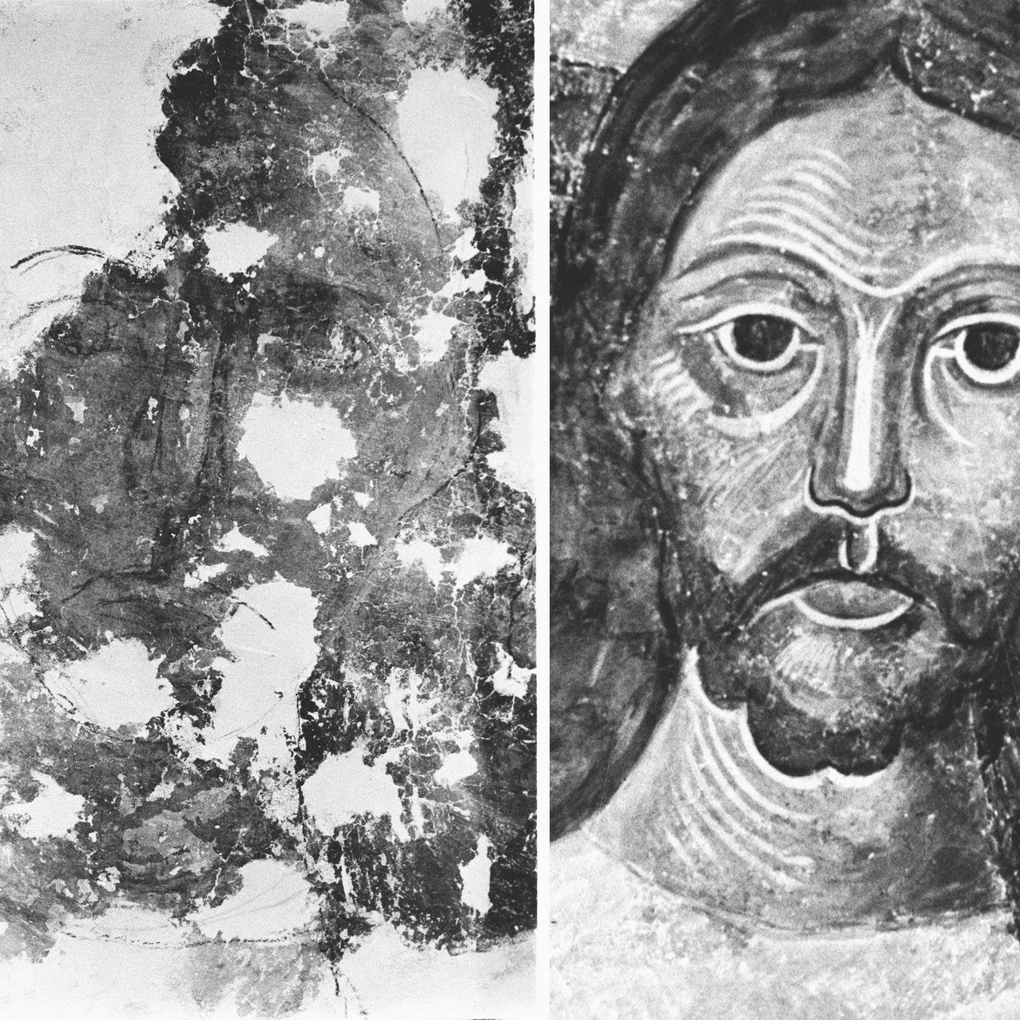Kopf Christi in der Kalotte der Mittelapsis der Klosterkirche vor und nach der Anbringung der Übermalungen durch Franz Xaver Sauter, 1947 bis 1951.