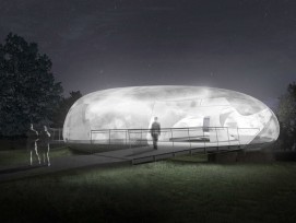 Ausssenansicht des Pavillons bei Nacht, Visualisierung (Smiljan Radic Studio)