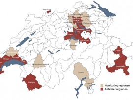 Monitoring Regionen - Regionen, die unter Beobachtung stehen - und Gefahrenregionen im ersten Quartal 2014. (PD)