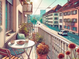 Balkon mit verdorrten Blumen im Sommer (Symbol)