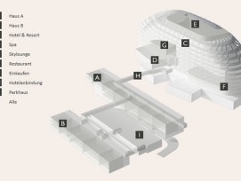 Der isometrische Übersichtsplan zeigt Bauteile und innere Erschliessung. Im Vordergrund sind die terrassierten Luxuswohnungen zu sehen.