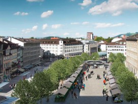 Der neue St. Galler Marktplatz, ein grosszügiger Platz mit Bäumen, aber ohne Autos. (PD)