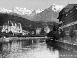 Geschönte Realität: Bei dieser Postkarte wurde Thun mit einem falschen Alpenpanorama versehen. 8zvg)