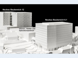 Die beiden Neubauprojekte Baubereich 12 (Schweizerisches Herz- und Gefässzentrum und die Zentren der Fachkliniken) sowie Baubereich 6.1 (Organ- und Tumorzentrum) des Masterplans sind über das Intensiv-, Notfall- und Operationszentrum (INO) miteinander ver